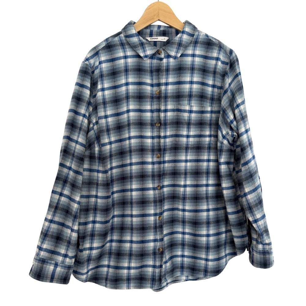 Sonoma Goods For Life Womens 1X Blue Plaid Cotton Flannel Button Down Shirt‎